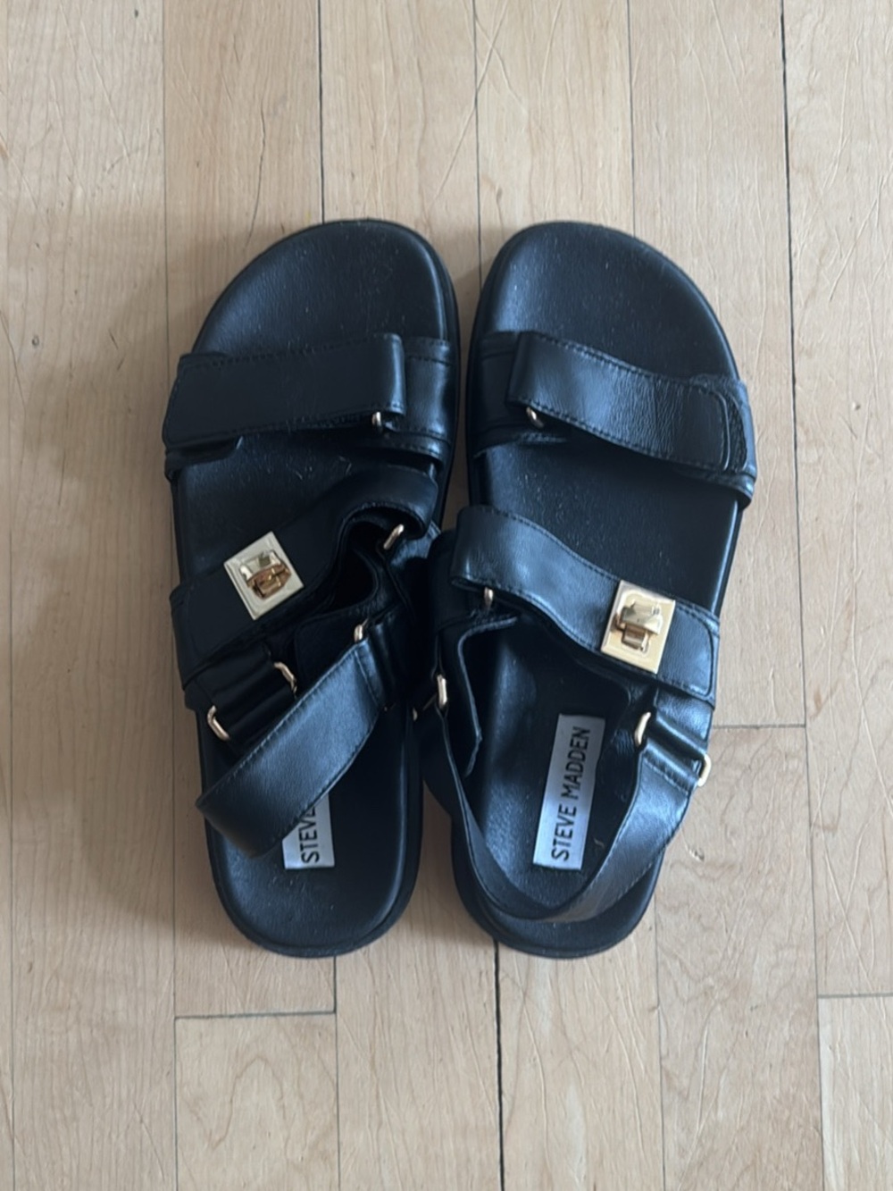 Steve Madden Black Sandals with Gold Buckle Accents